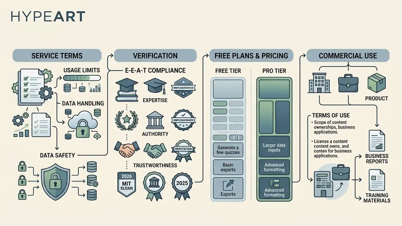 Flowchart outlining service terms, verification standards, pricing tiers, and commercial usage guidelines