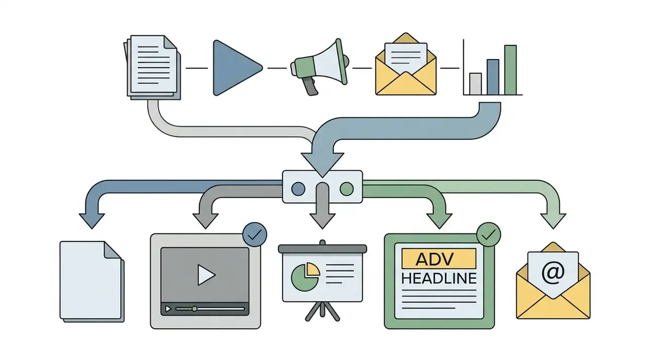 Diagram showing content inputs flowing into a central processor to generate various media formats