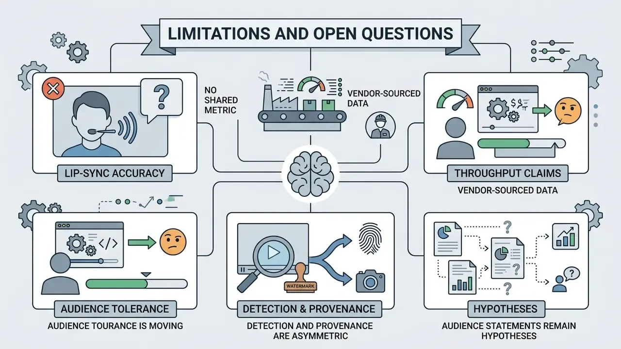 Infographic mapping five key challenges including lip-sync accuracy, throughput, and provenance