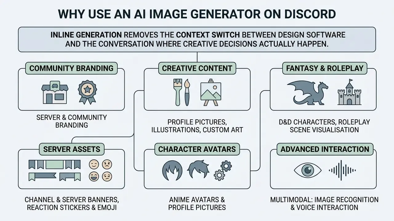 Infographic showing how a Discord AI image generator creates community branding, custom art, and avatars