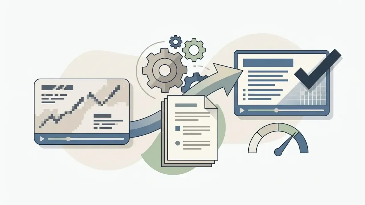 Video player and document icons connected by an arrow passing through gears towards a completed task screen