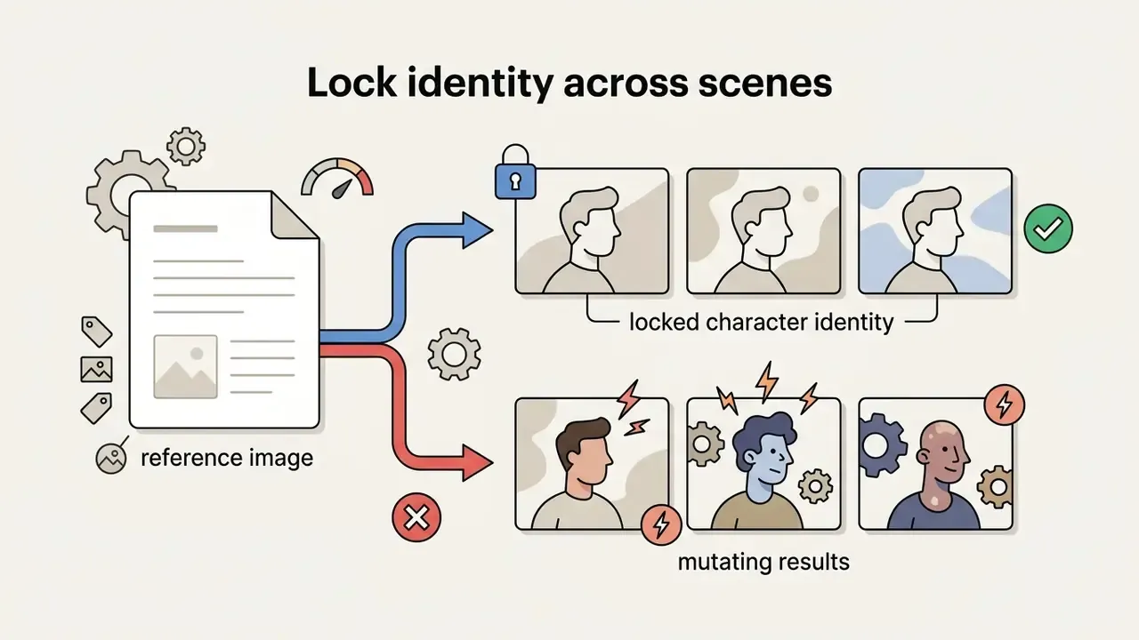 Reference images and style tags feeding into a processor to maintain consistent character identity