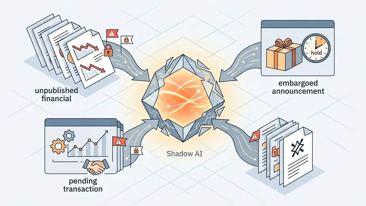 Sensitive business documents and transaction data flowing into a glowing central AI processing core