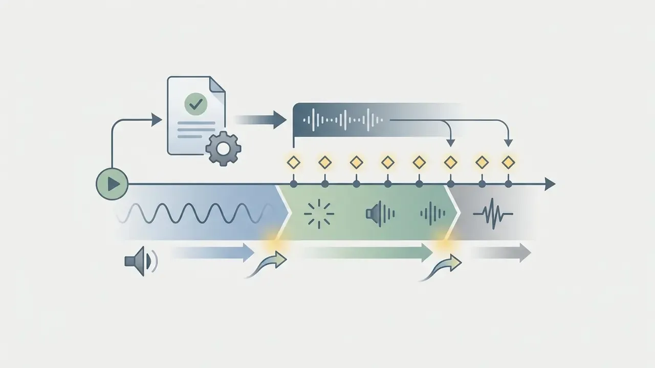 Audio track timeline with beat markers, sound effect icons, and a document processing workflow