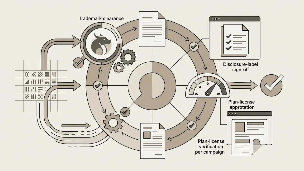 Circular workflow showing trademark clearance, document sign-off, and license verification steps