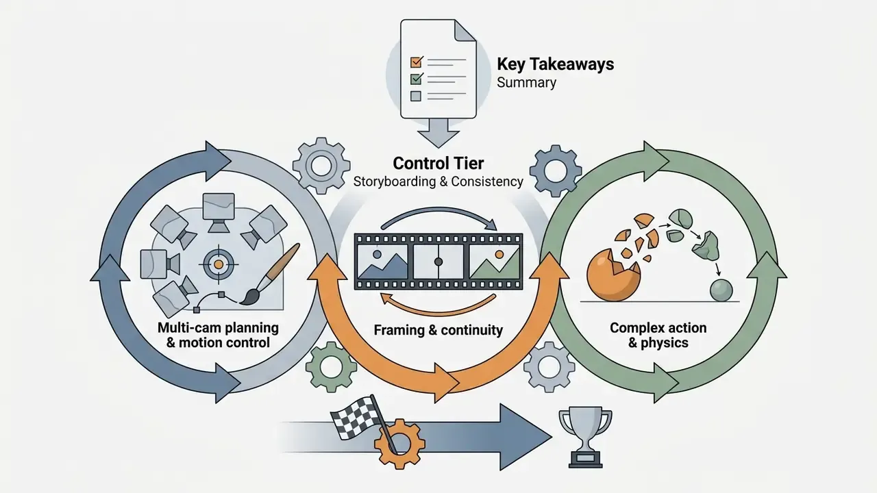 Circular process flow showing multi-cam planning, framing, and complex physics for AI video generation tools