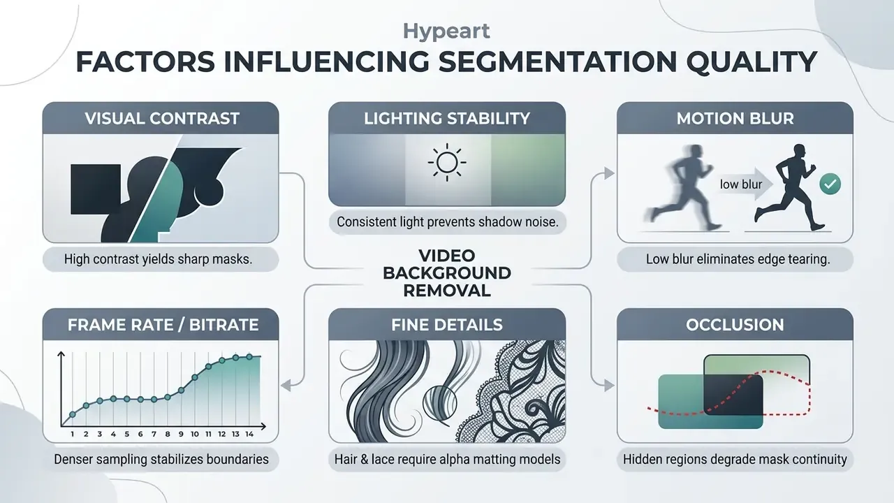 Infographic showing six key technical factors that impact the precision of a free video background remover