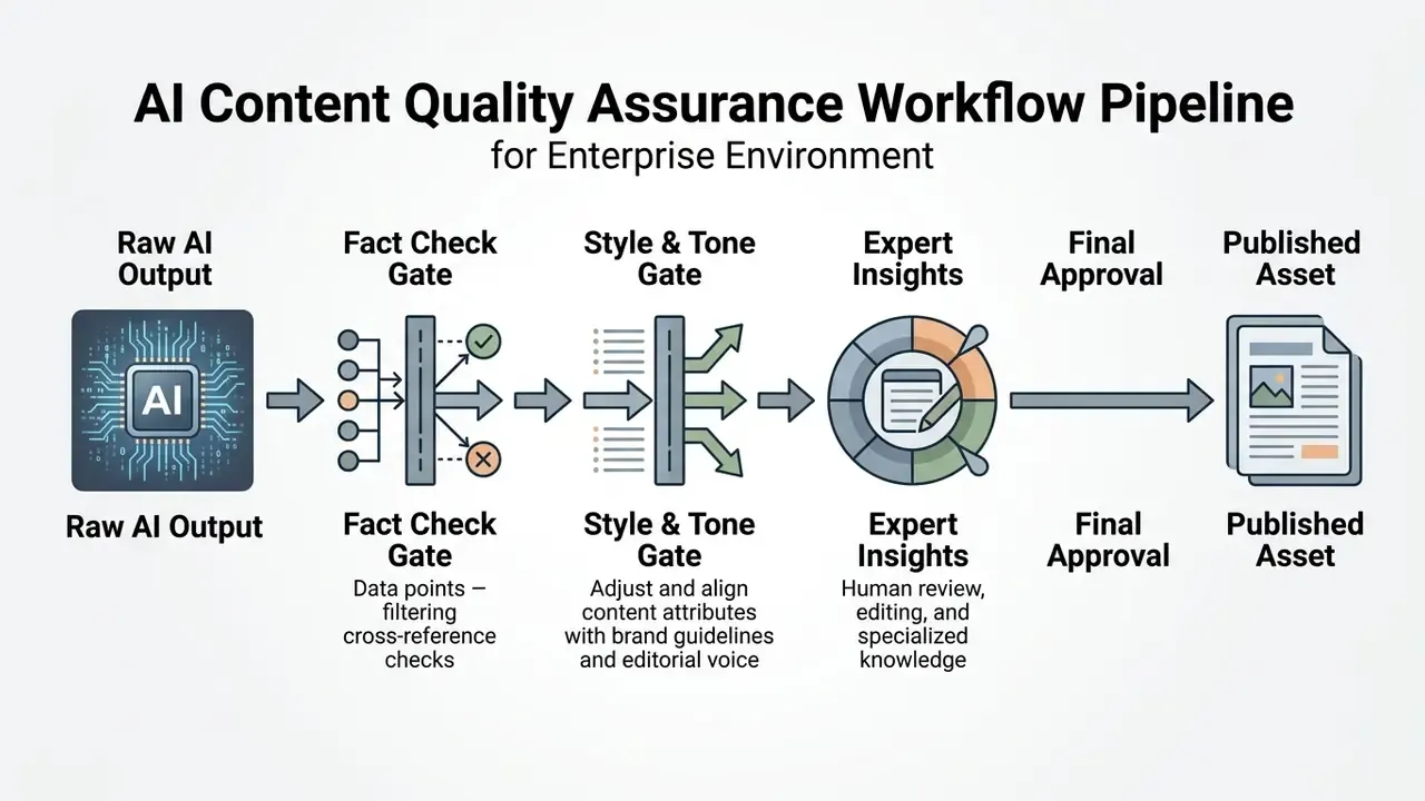 Linear process showing raw output passing through fact, style, and expert review gates to final publication