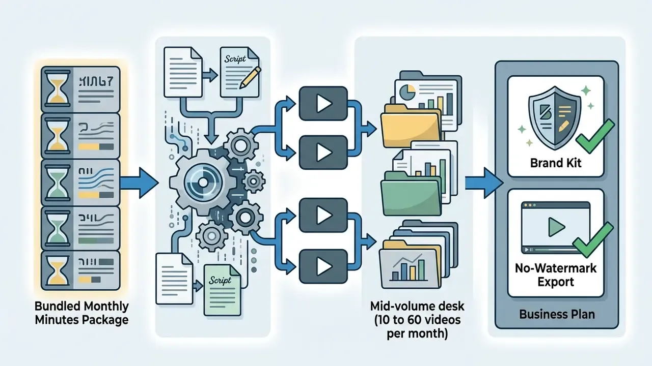 Workflow showing bundled minutes and script processing for mid-volume text to video AI news production