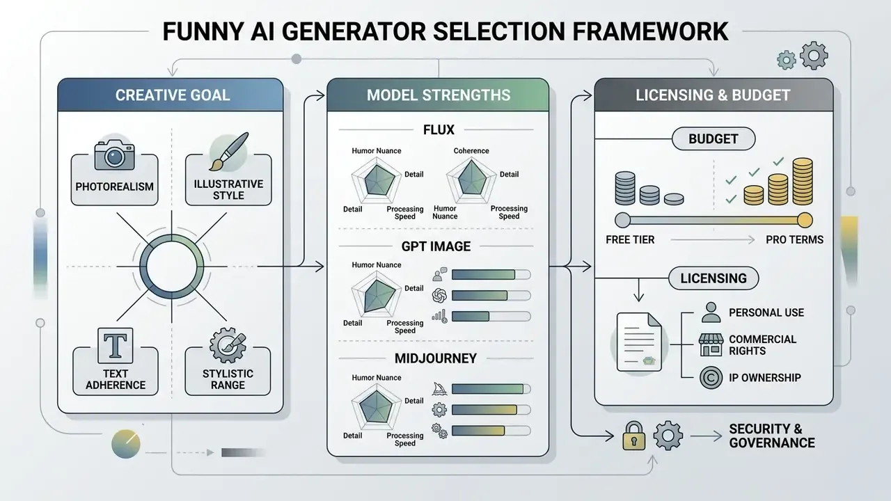 Decision framework comparing creative goals, model strengths, and licensing for AI image generation tools