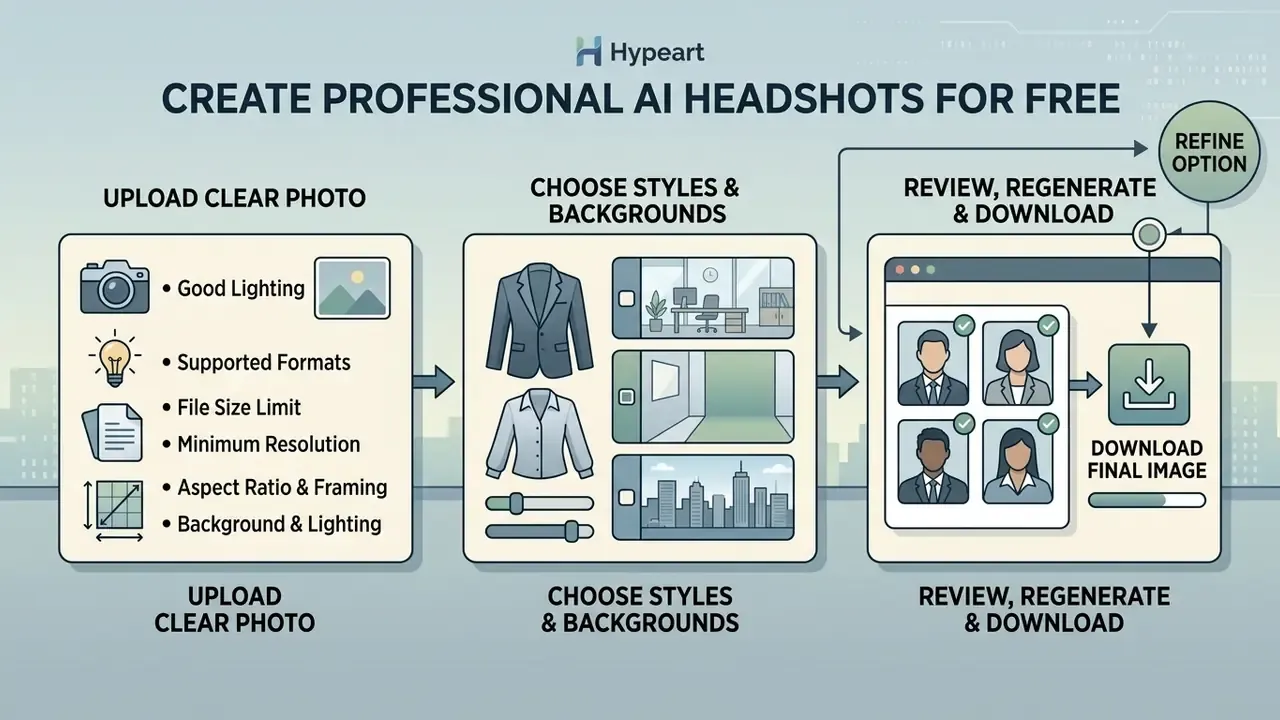 Step-by-step infographic illustrating the process to create a professional AI headshot for free