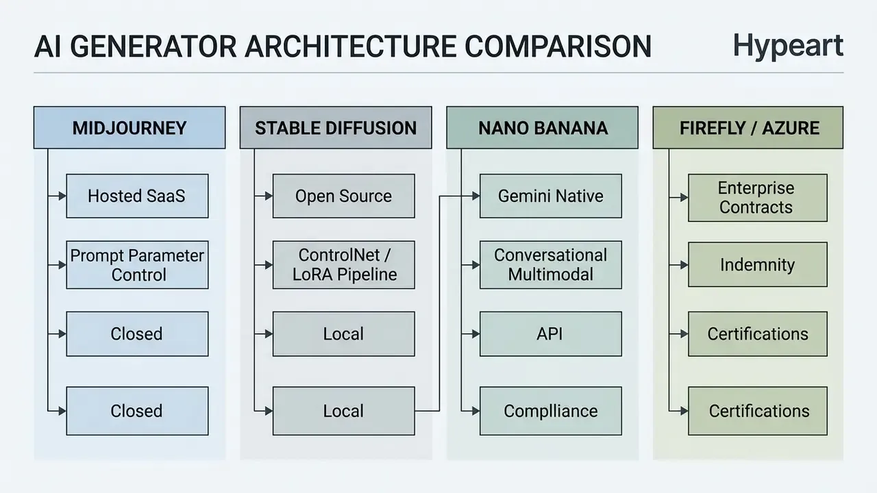 Comparison chart outlining technical and operational features for four different AI generator platforms