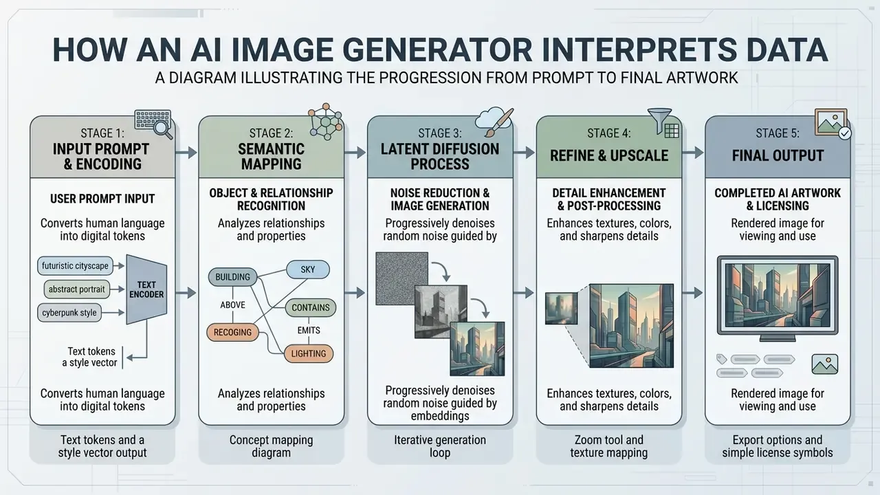 Five-stage linear process diagram detailing the progression from text input to final digital artwork