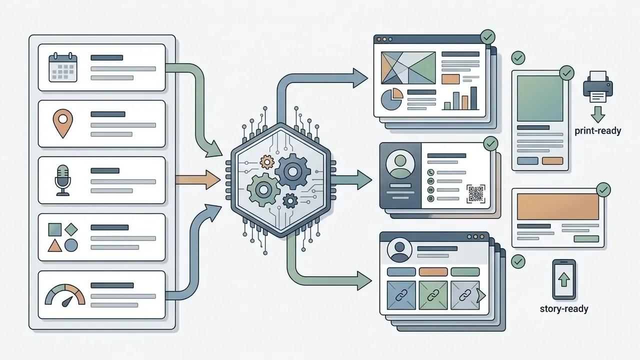 Processing unit converting event parameters and business data into print-ready or story-ready graphic assets
