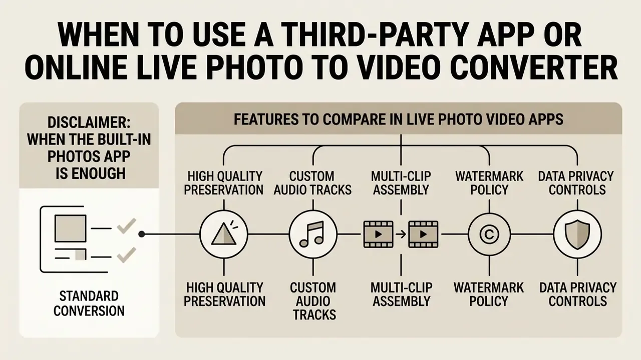 Comparison chart showing when to use built-in tools versus third-party apps for Live Photo to video conversion