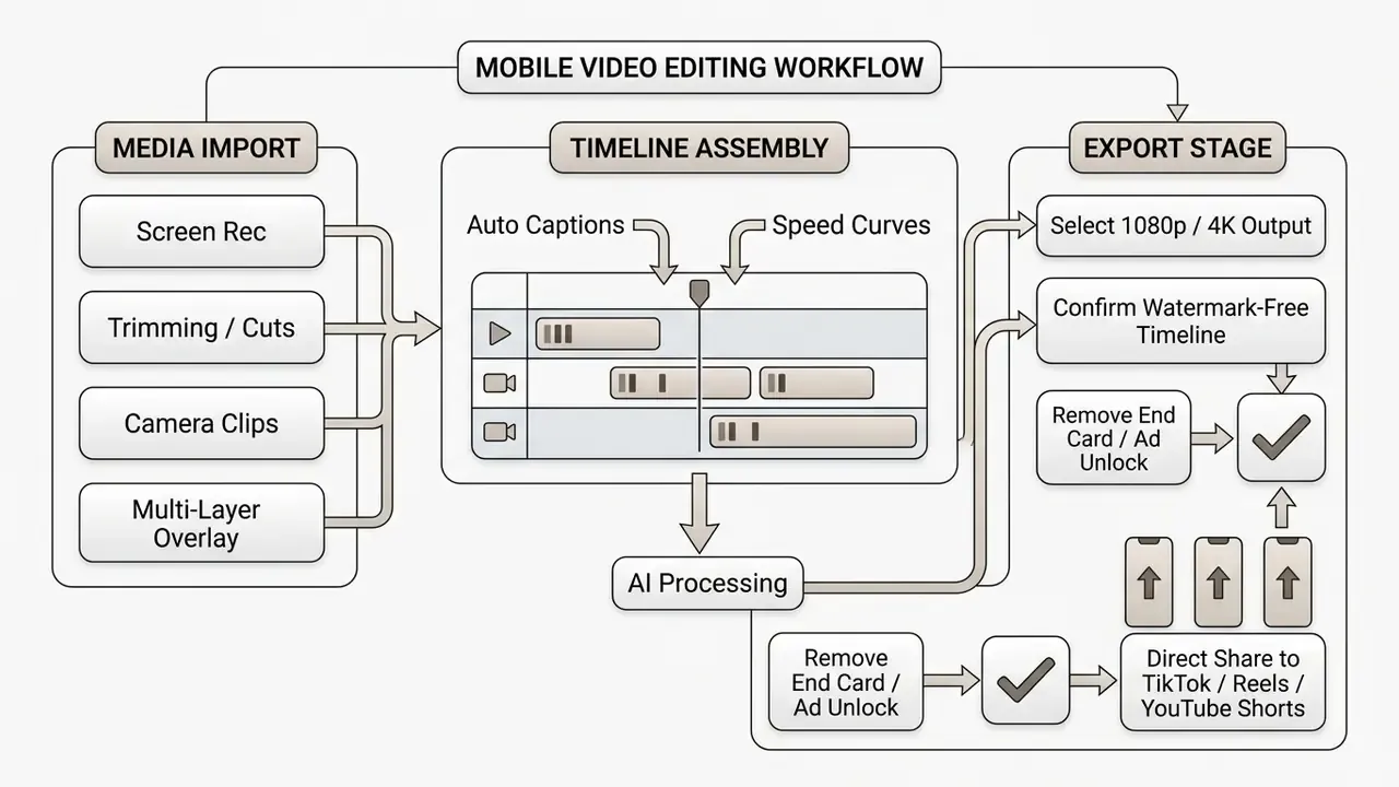 Flowchart showing the steps from media import and timeline assembly to export for mobile video editing