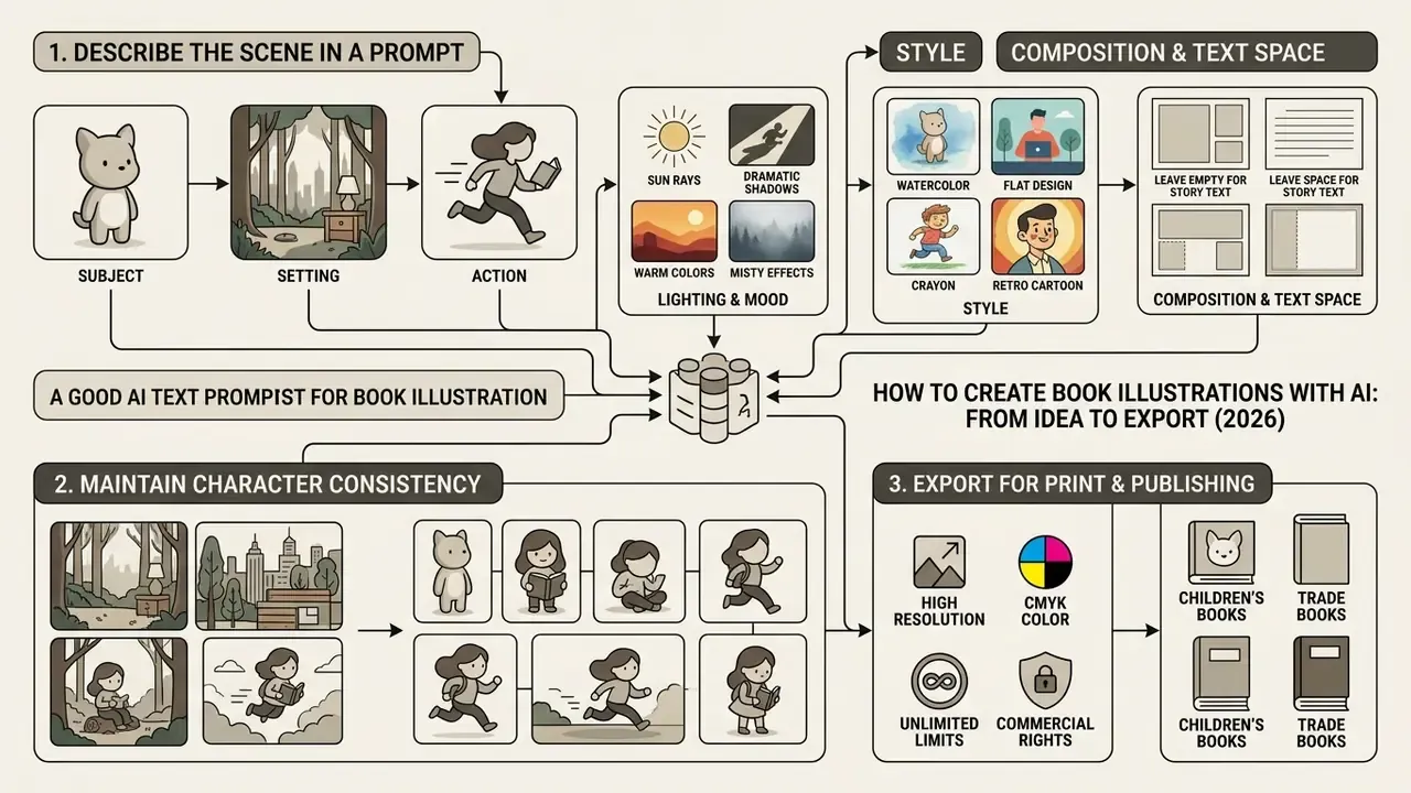 Step-by-step guide showing how to craft prompts, maintain character consistency, and export book visuals