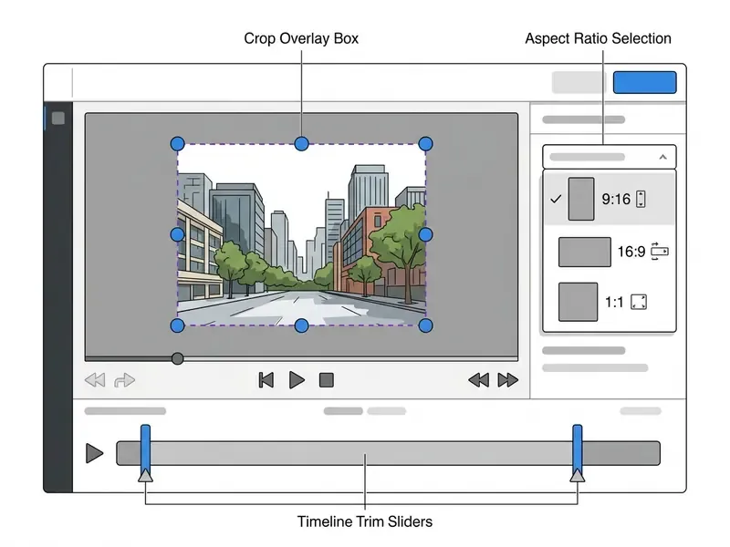 Video editor interface featuring a crop overlay box with drag handles and a timeline with trim sliders