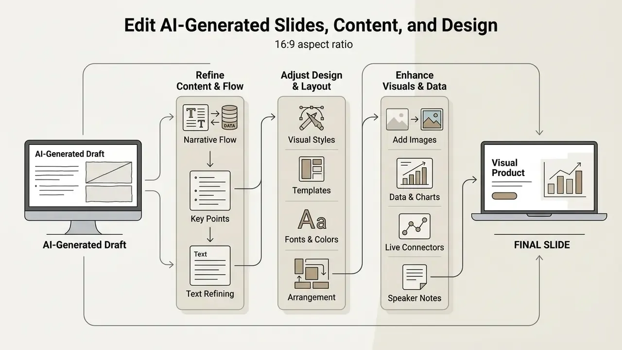 Process flow showing steps to refine narrative, layout, and visual elements into a polished final slide