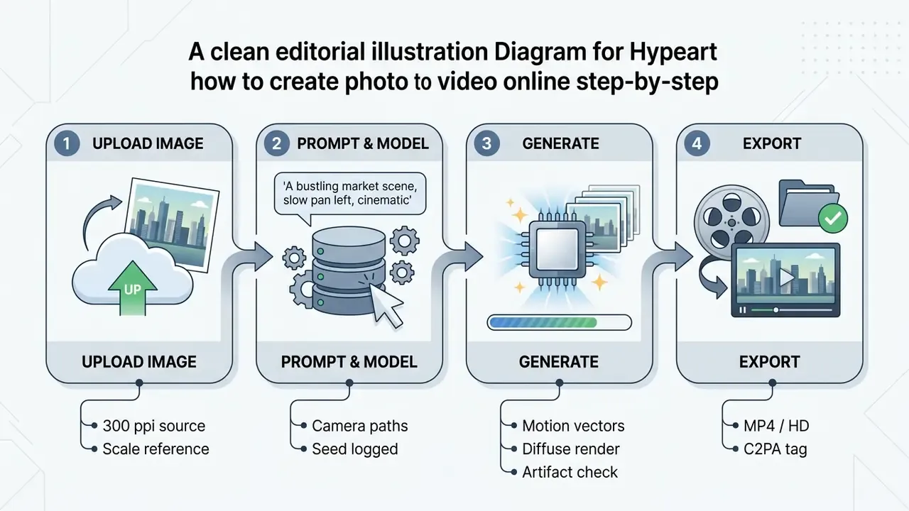 Four sequential steps for photo to video generation featuring upload, prompting, processing, and export