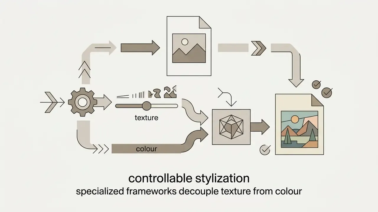 Process flow showing a system that separates texture and colour to adjust image stylization