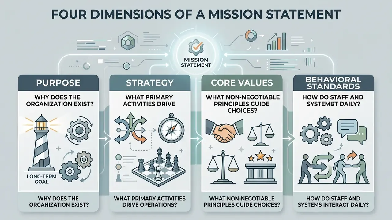 Four vertical panels detailing the purpose, strategy, core values, and behavioral standards of an organization