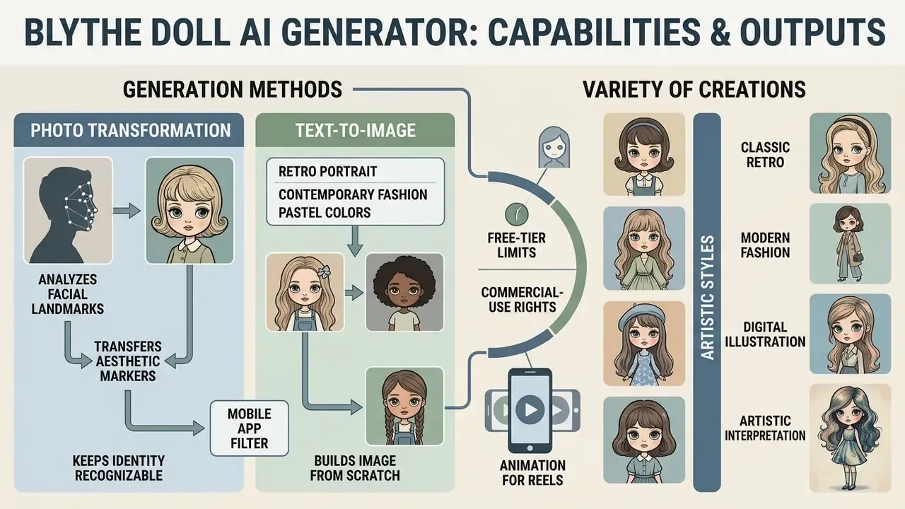 Infographic showing how a Blythe Doll AI generator transforms photos and text prompts into various styles