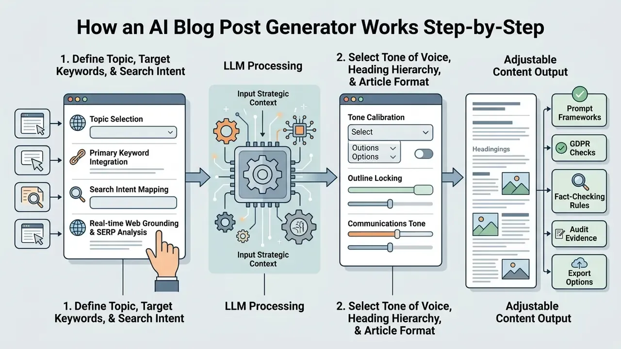 Diagram showing the sequence of inputting strategic context, LLM processing, and adjustable content output