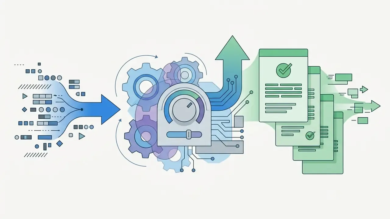 Abstract data points flowing into a gear and dial processor to emerge as finalized documents with checkmarks