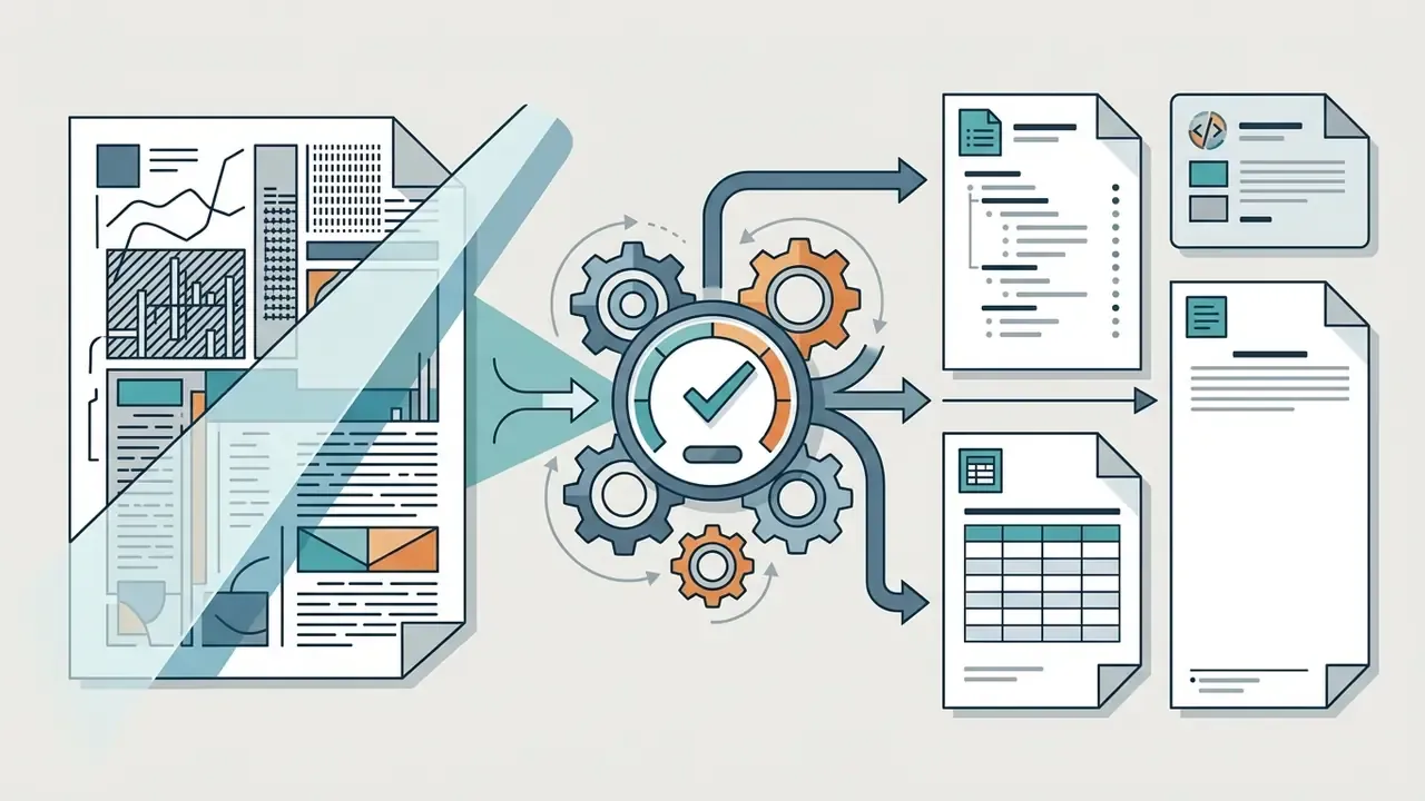 Complex document layout being scanned and processed by mechanical gears into various digital file formats