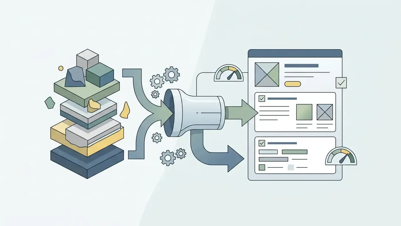Stacked blocks and gears feeding into a funnel that processes data into a structured interface with gauges