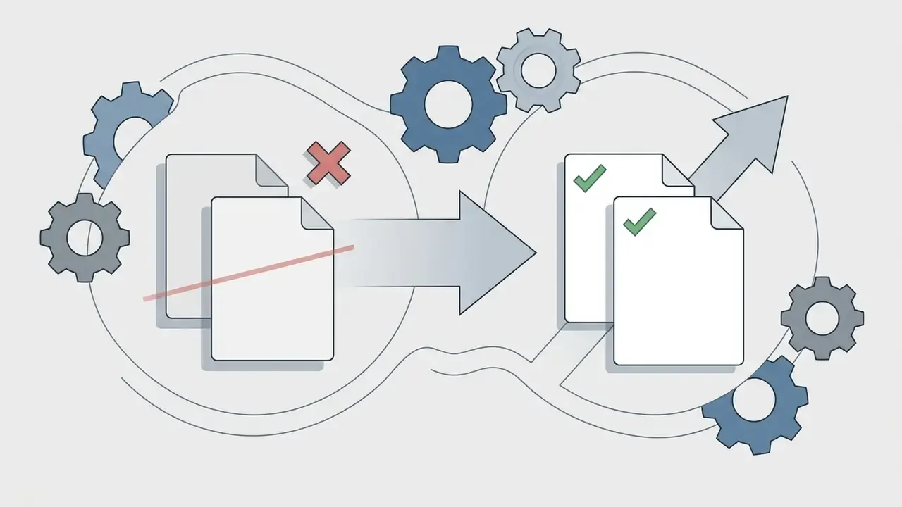 Documents with red marks moving through gears to become updated files with green checkmarks