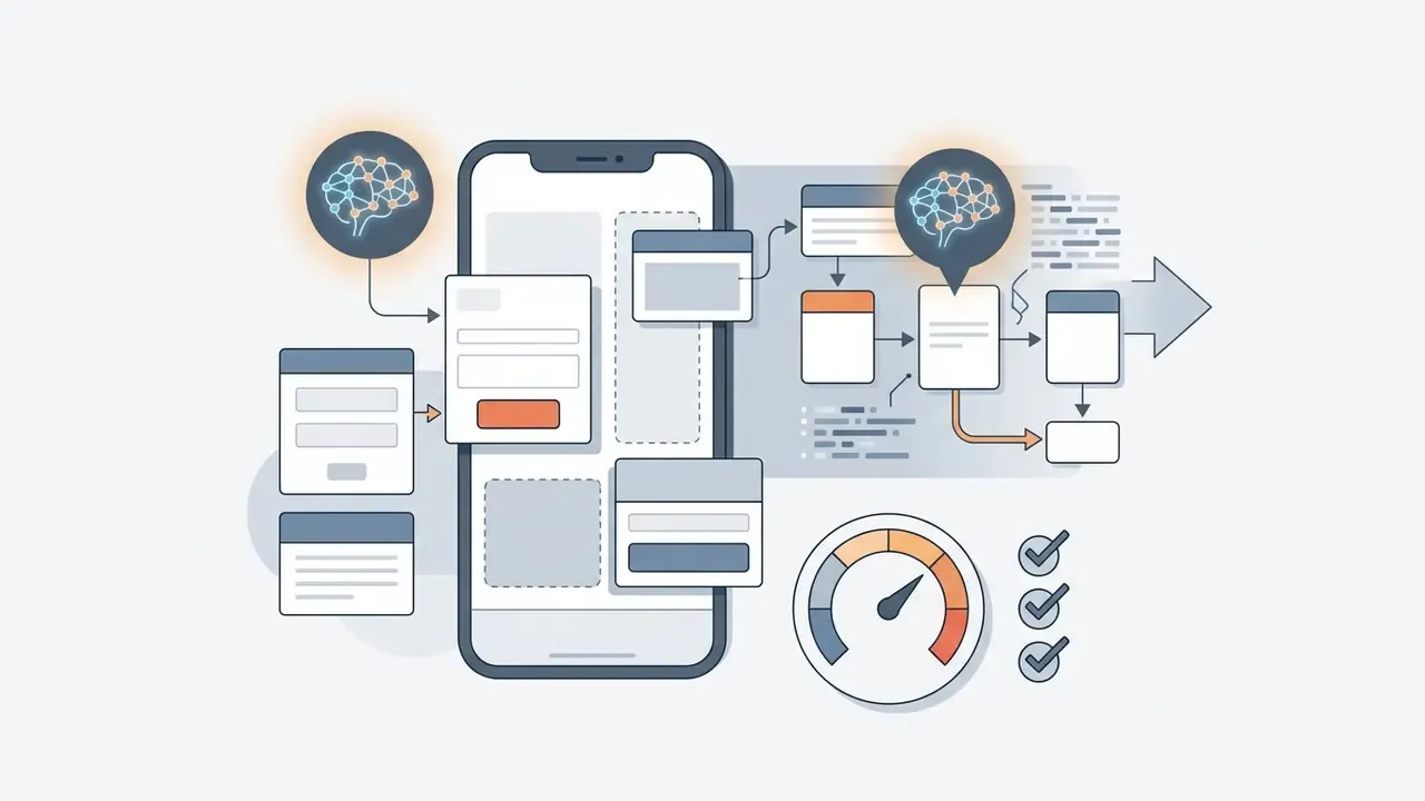 Smartphone interface surrounded by brain icons, workflow blocks, a gauge, and a checklist