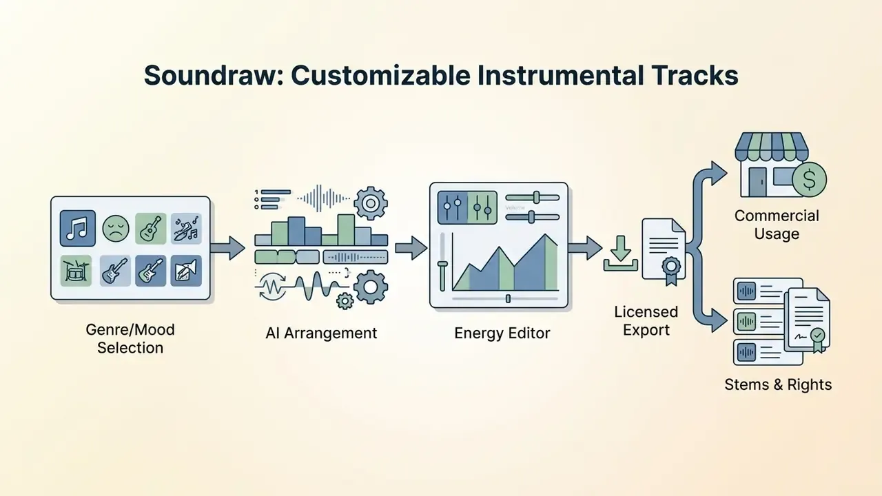 Diagram showing a music creation workflow from genre selection and AI arrangement to export and usage