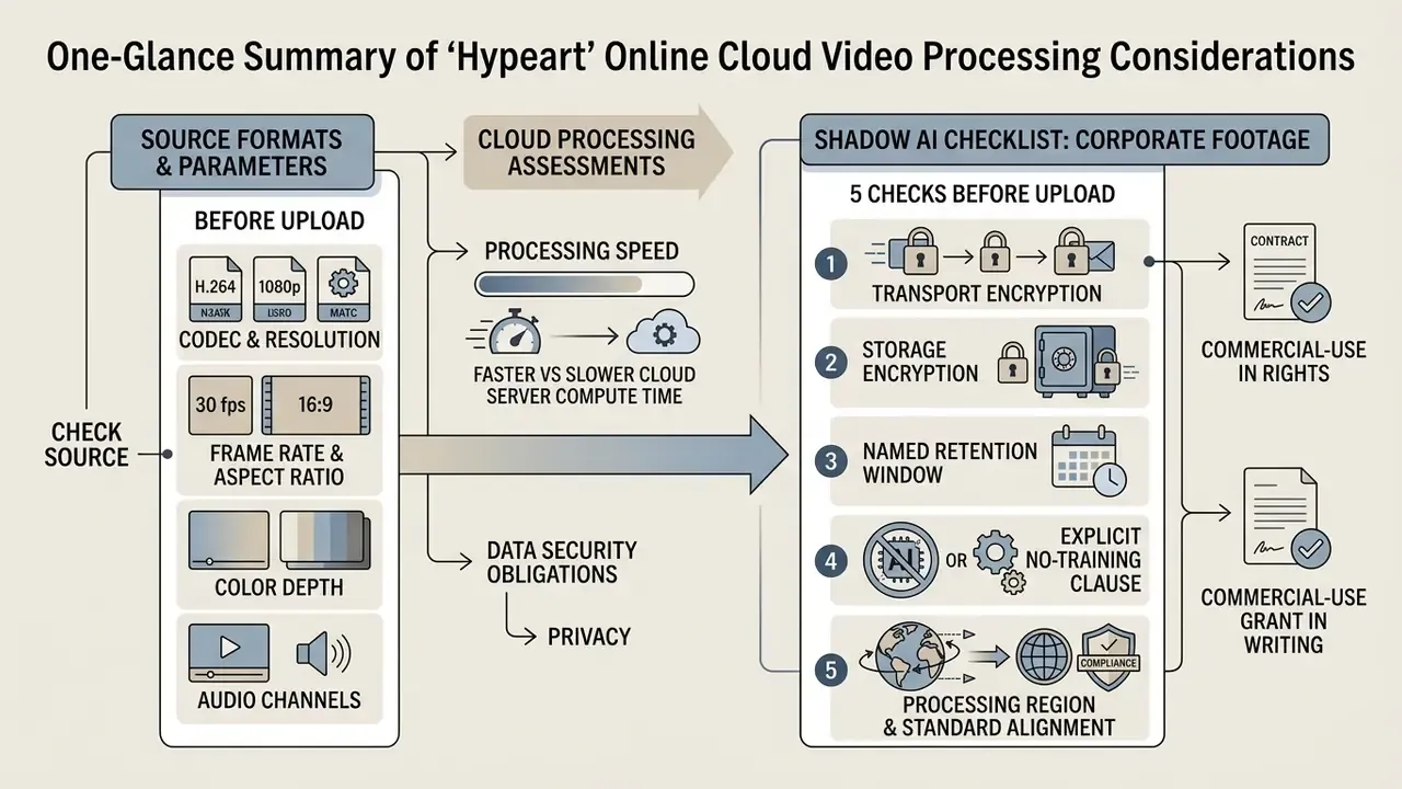 Flowchart showing video file parameters and a five-step security checklist for cloud processing