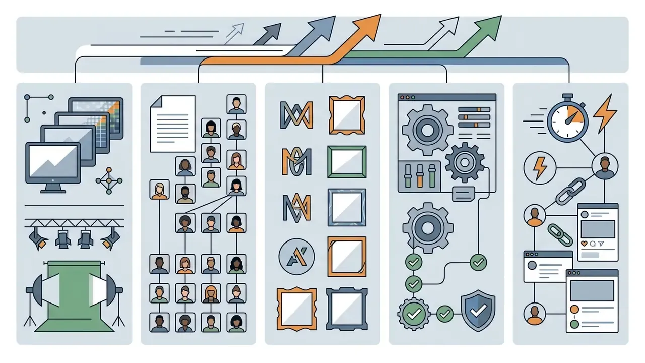 Five vertical panels displaying icons for studio equipment, team structures, branding, and workflows