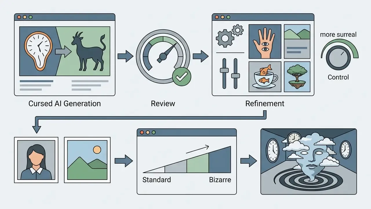 Workflow showing generation, review, and refinement steps to transform standard images into surreal outputs