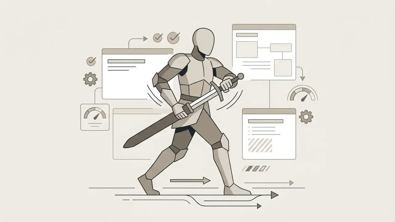 Knight figure drawing a sword surrounded by technical interface elements and directional motion arrows