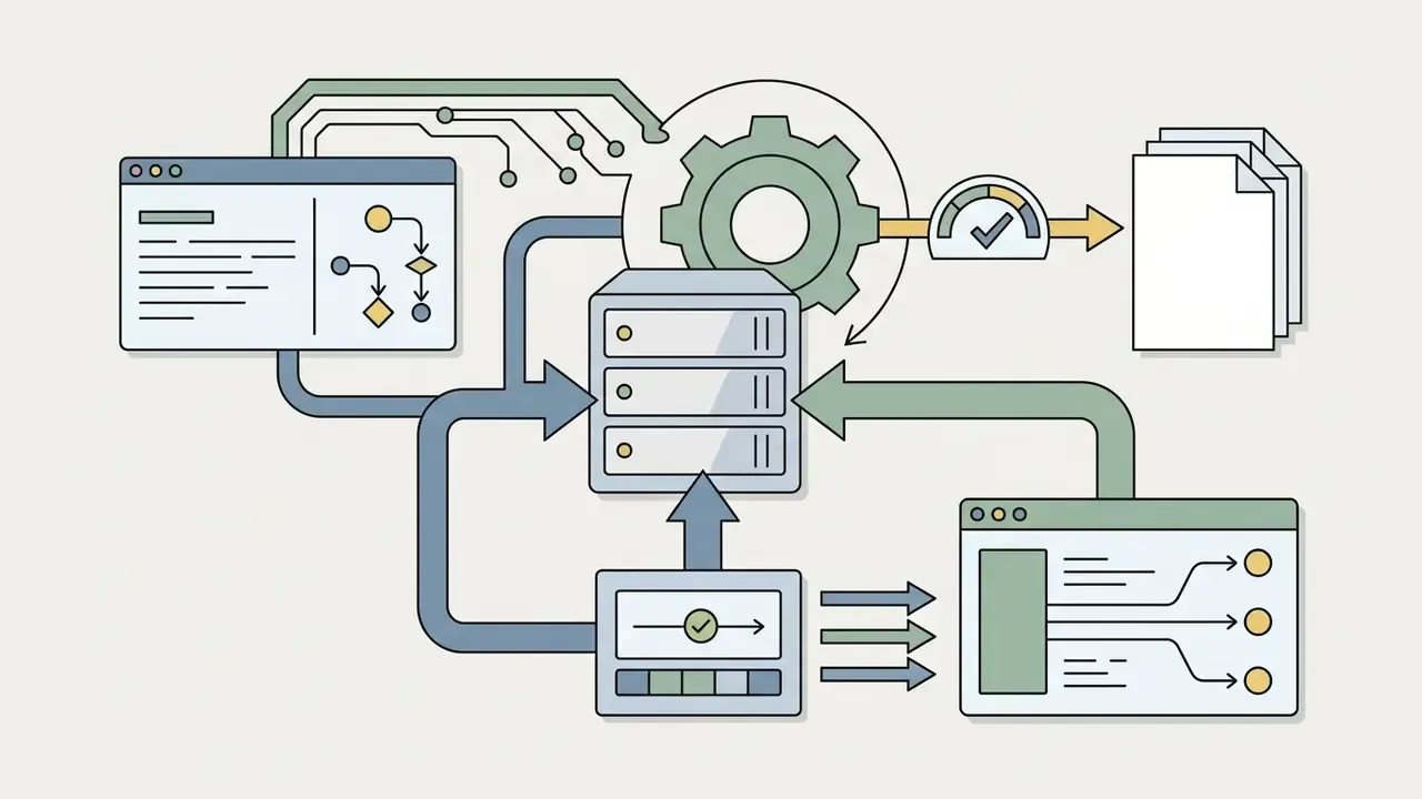 Code windows and data streams connecting to a central server hub to produce output documents