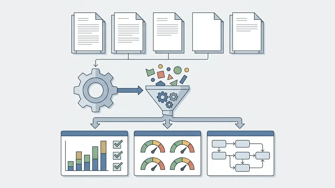 Documents feeding into a gear and funnel mechanism that outputs to charts, gauges, and a process map