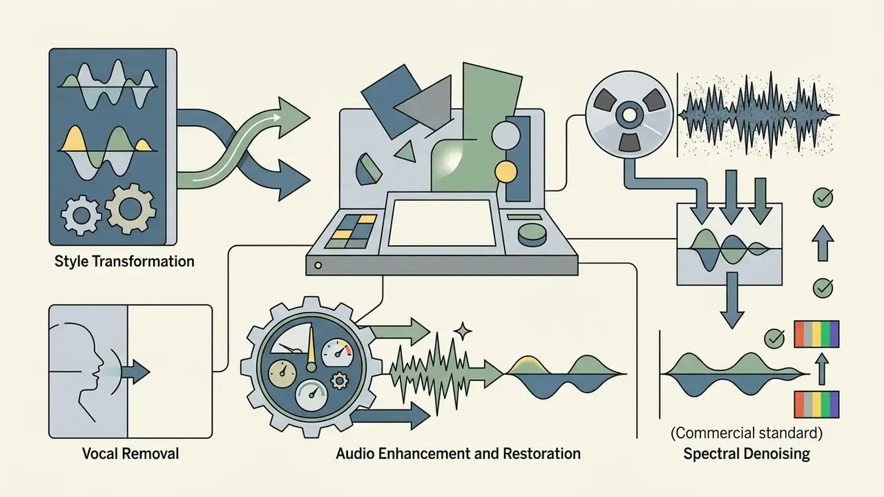 System of gears, audio waveforms, and gauges processing vocal and archival tracks for spectral cleaning