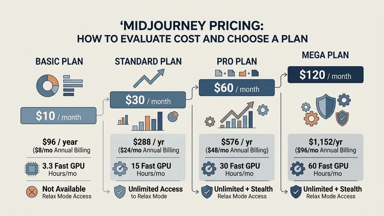 Comparison chart detailing Midjourney AI subscription tiers with monthly costs, GPU hours, and feature access