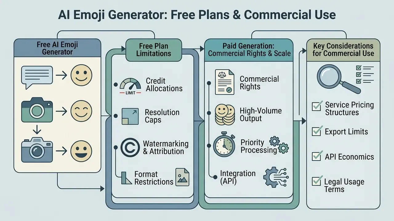 Flowchart comparing free plan limitations with paid commercial rights and key considerations for digital icons