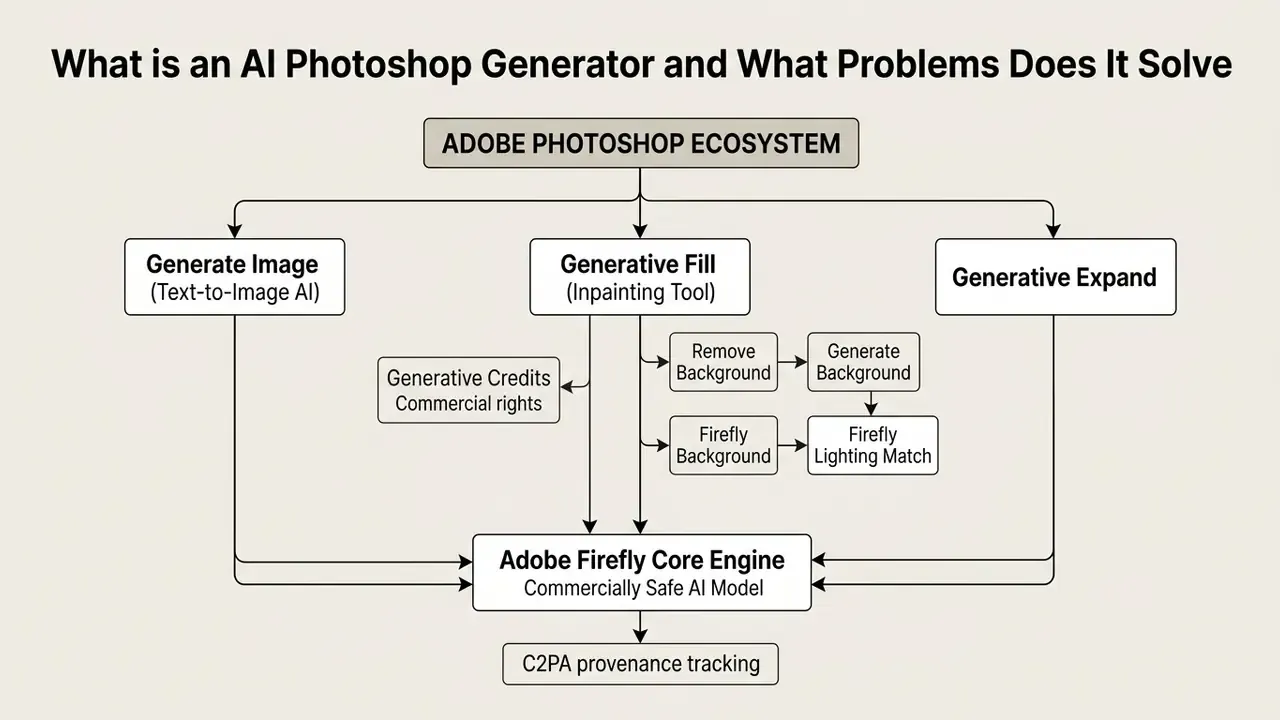 Flowchart mapping the Adobe Photoshop ecosystem and its connection to the Adobe Firefly AI core engine
