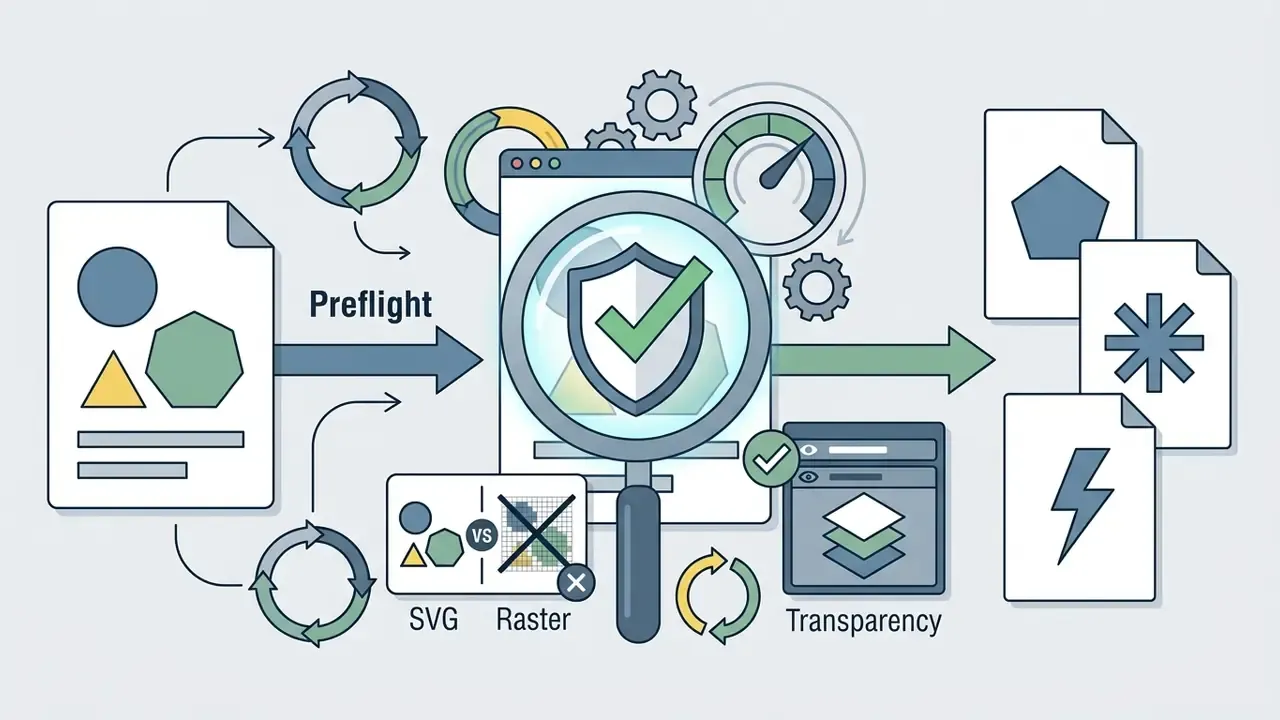 Magnifying glass inspecting a file for preflight checks to ensure vector quality and transparency