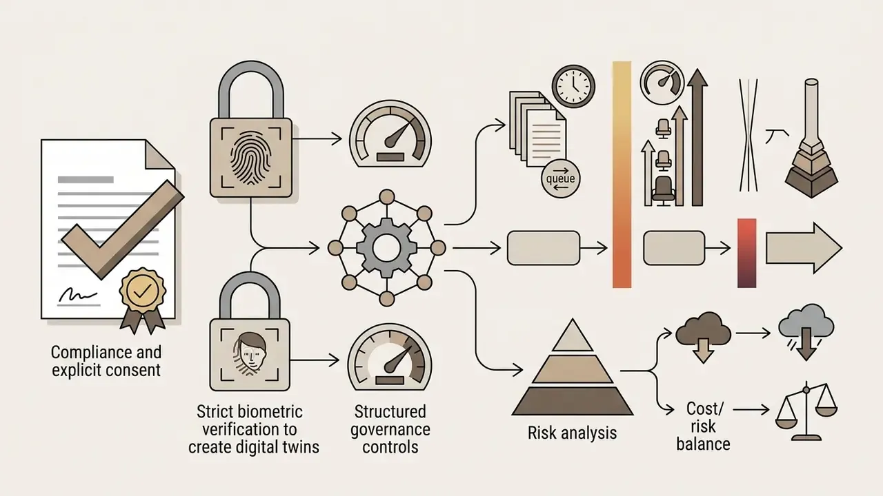 Icons showing biometric verification, governance controls, processing queues, and risk analysis steps