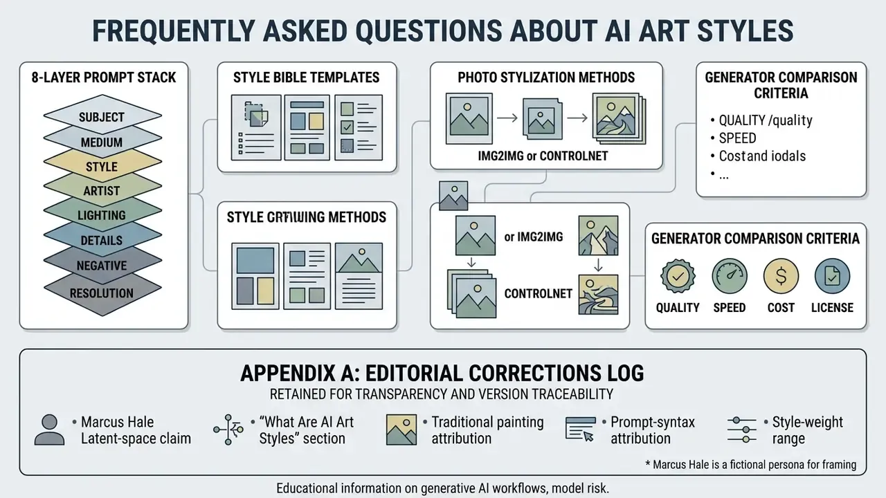 Infographic showing prompt stacking, stylization methods, and an editorial corrections log