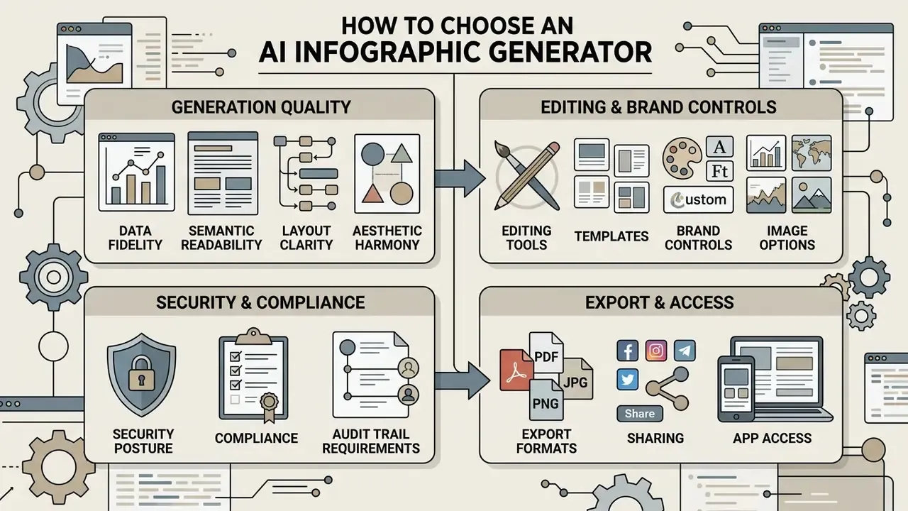 Four-quadrant chart detailing key criteria for evaluating software tools for visual content creation