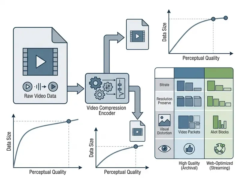 Diagram showing raw video data processed by an encoder to balance file size against perceptual quality