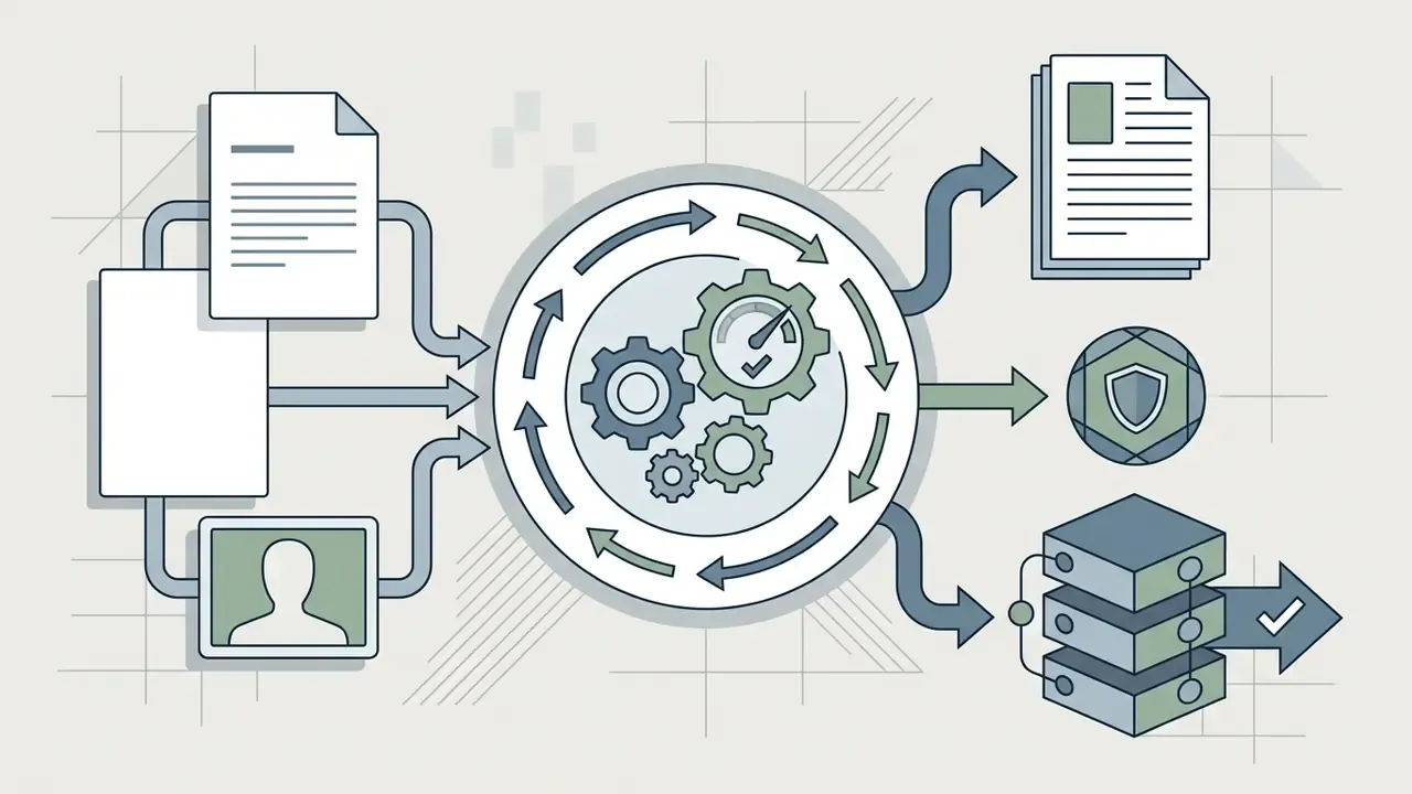 Documents and portrait feeding into a gear processor that outputs files, a shield icon, and data storage